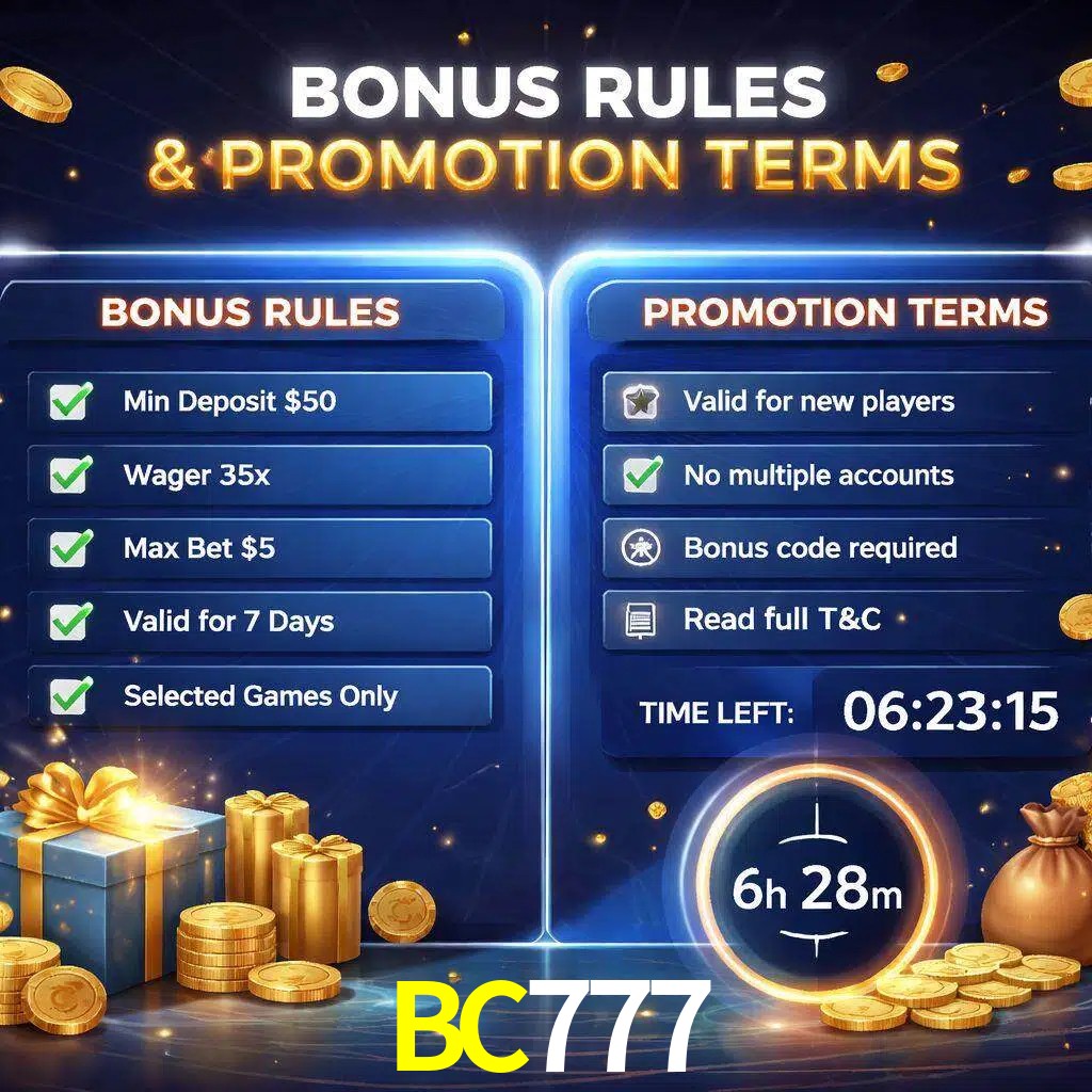 Reglas de promoción BC777 y condiciones de bonos explicadas visualmente