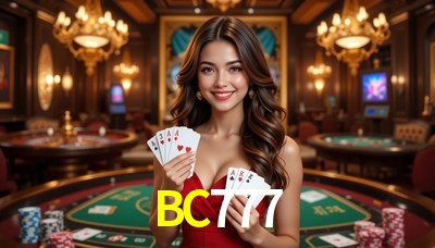 Una escena digital vívida inspirada en casino con BC777 mostrado prominentemente, luces brillantes, fichas, cartas y acentos dorados.